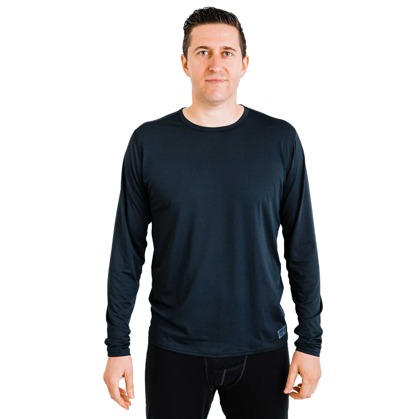 Man wearing a black Polarmax Crew Neck Shirt