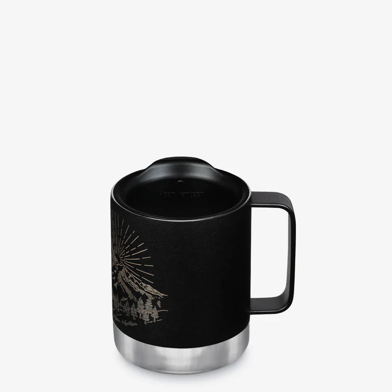 Black with Sliver mountain decal camp mug with tumbler lid
