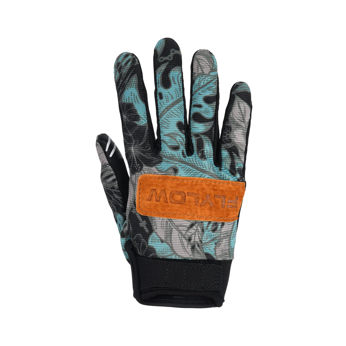 Flylow Dirt Glove black, teal and leather patch leaf pattern