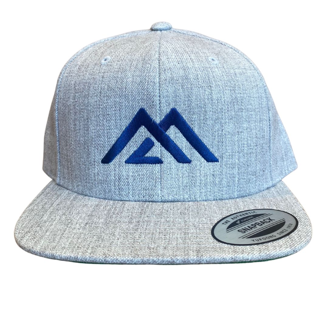 Peaks Logo for Mountain Life Supply co, Heathered grey with blue logo structured snapback hat
