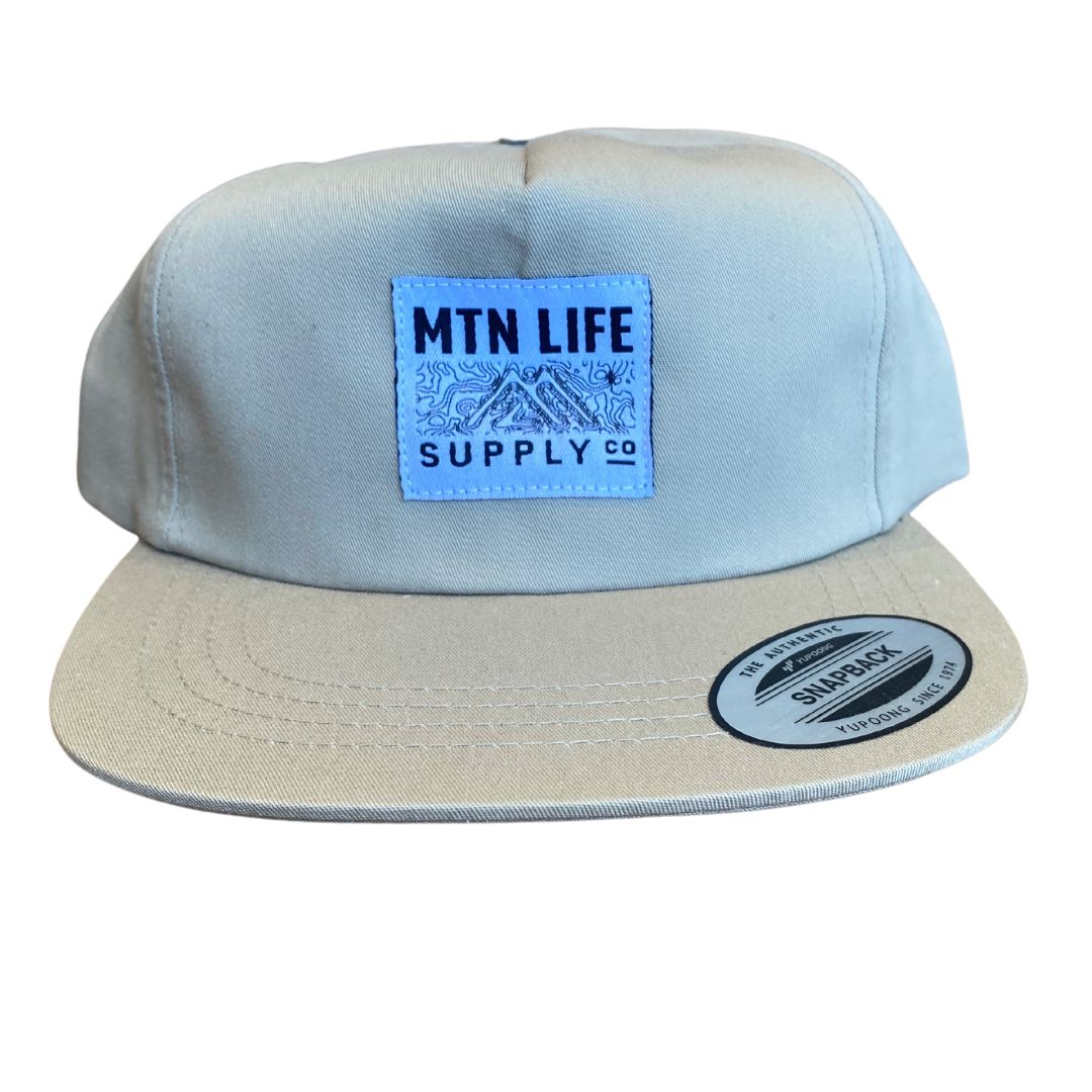 Khaki 5 Panel Snapback hat - Mountain Life Supply co label with topography design 