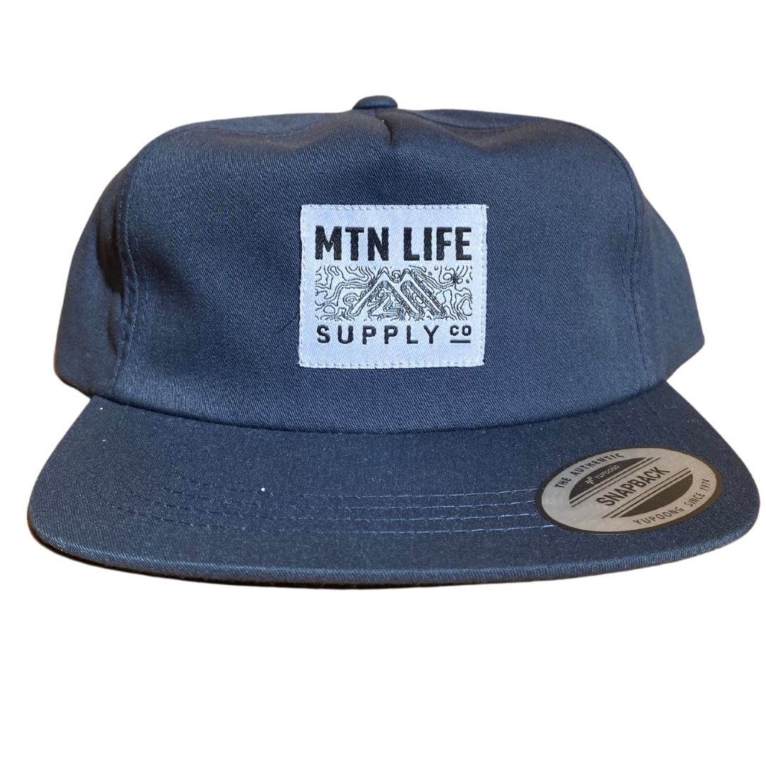 Blue 5 Panel Snapback hat - Mountain Life Supply co label with topography design 