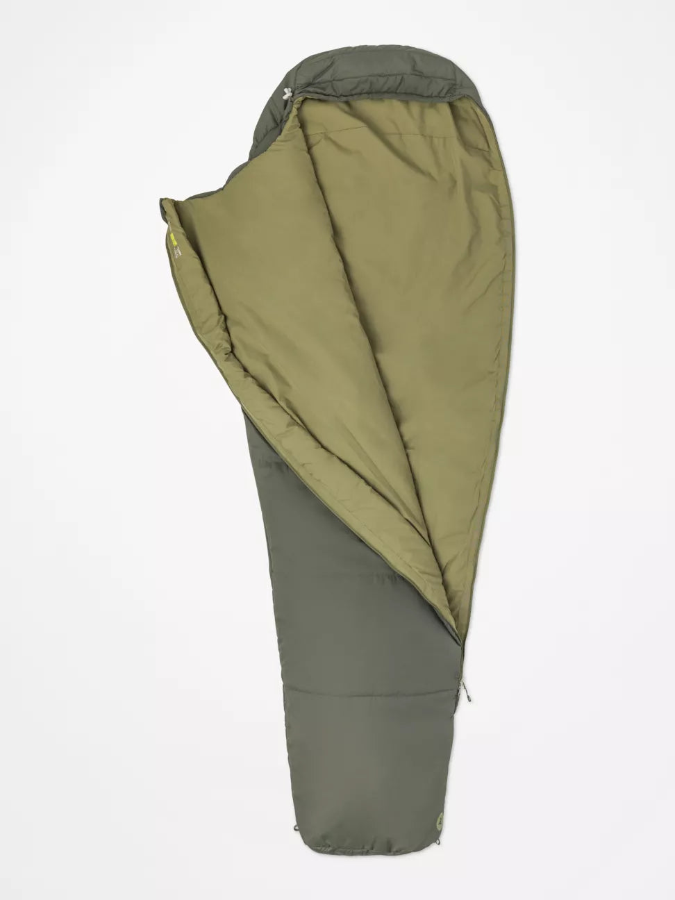 Zipper open mummy style sleeping bag with dar/k green exterior, light green interior