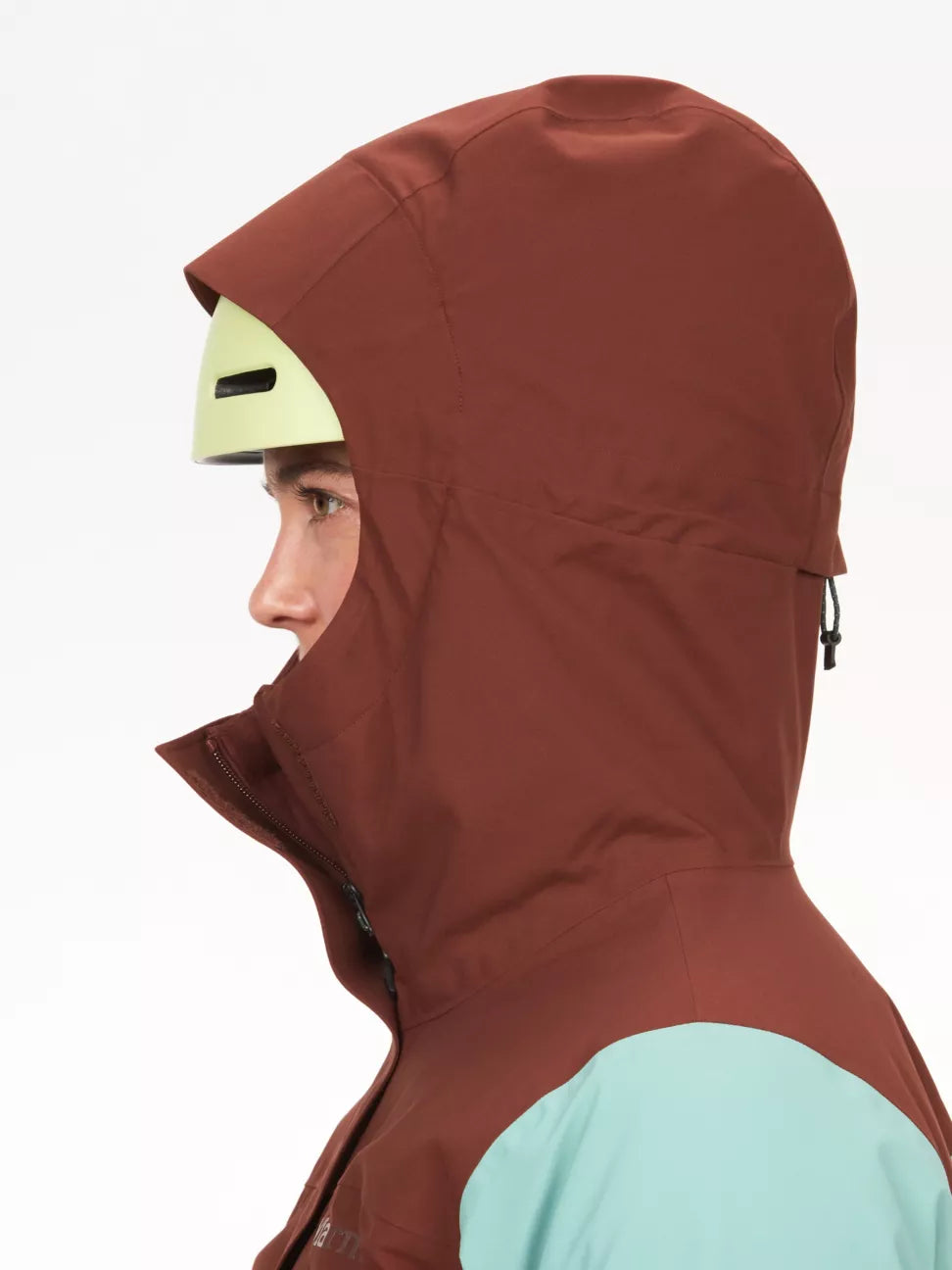 Marmot- Women's Refuge Jacket 10K/10K - Chocolate - Blue Agave hood over helmet