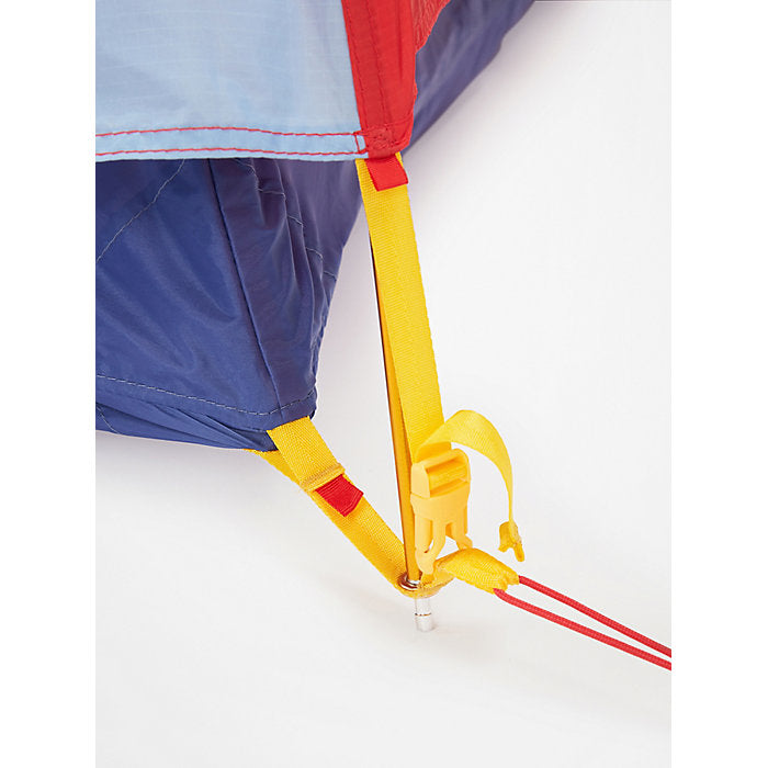 Pendleton Colorblock, Coral, blue, yellow and light blue, lightweight 2 peerson tent. picture shows the buckle that closes the rain fly. 