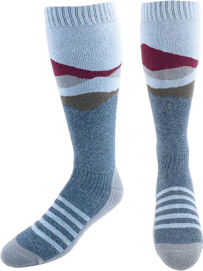 Hot Chillys Mid Volume Mountain Range - Men's Blue, Marron, and grey print sock