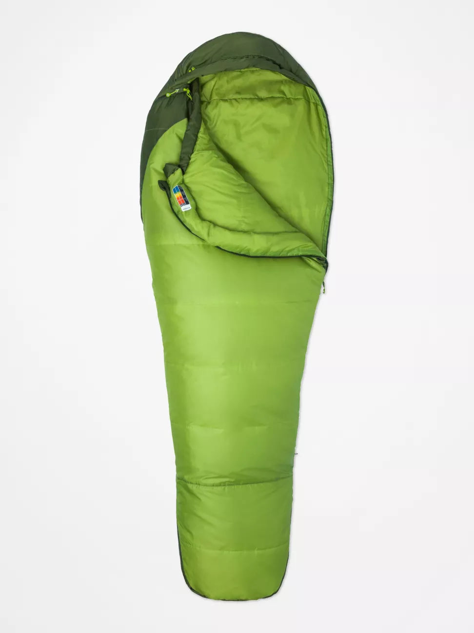 Partially zipped bright green mummy bag, unisex 30 degree 