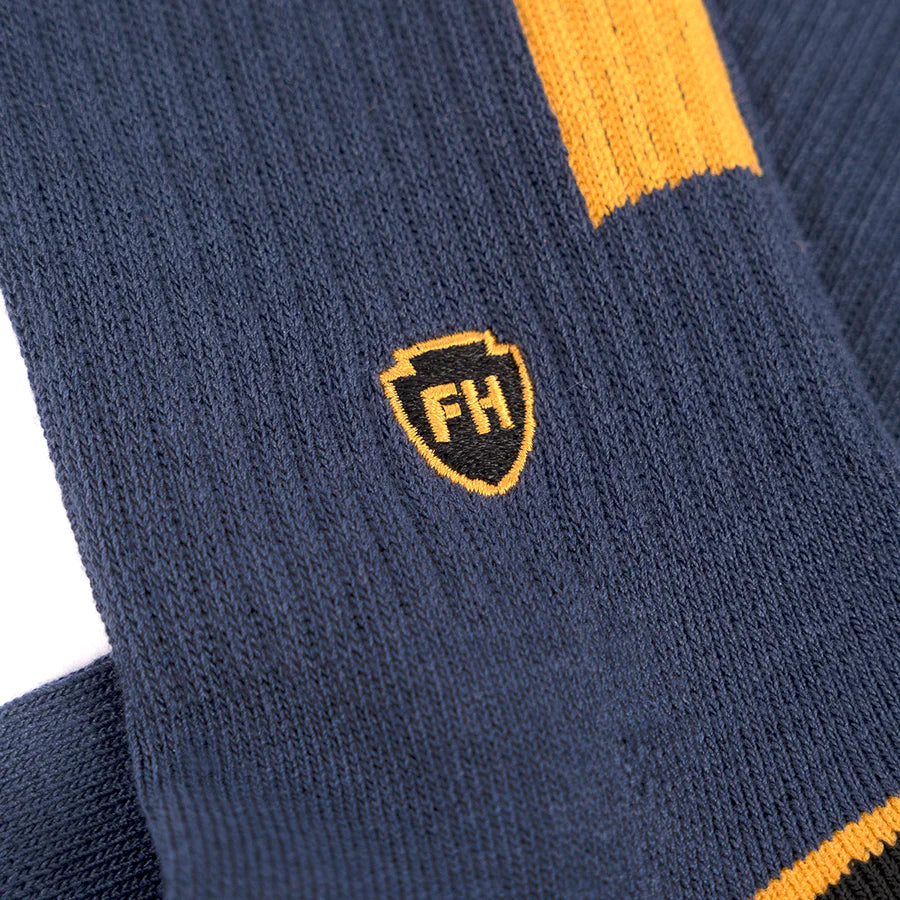 Fasthouse tech bike socks - Midnight Navy, yellow and black closeup 