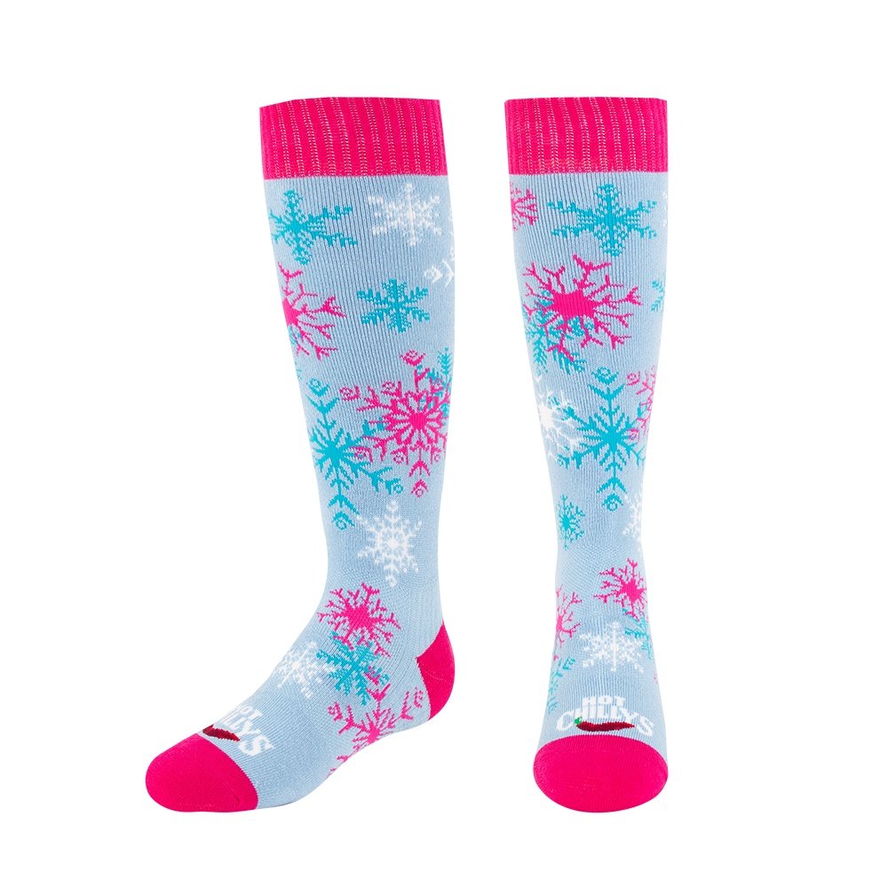 Hot Chilly's Mid Volume Sock - Pink, blue and white snowflake print