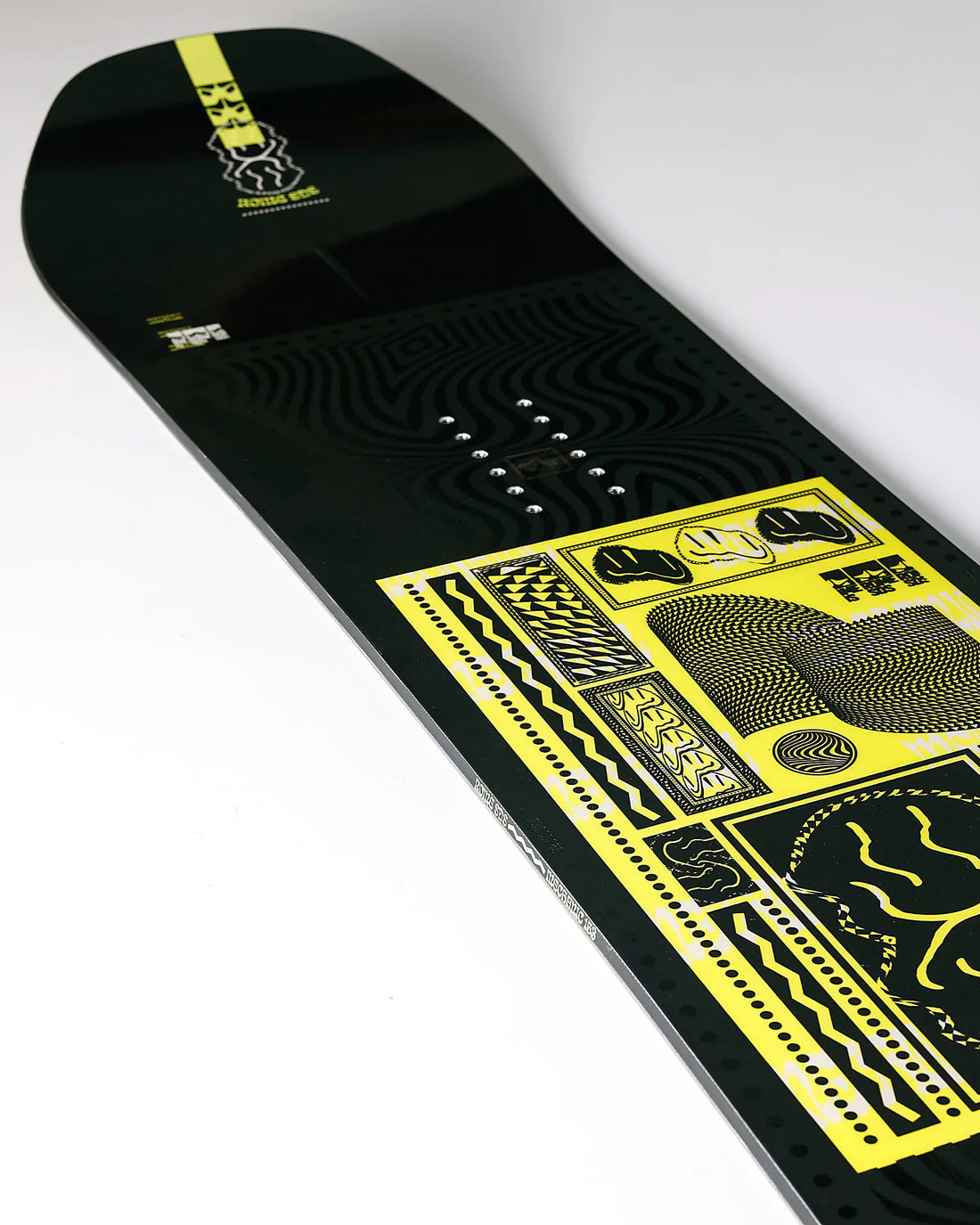 Rome Mechanic Snowboard. Black with yellow design, Rome Logo on top design