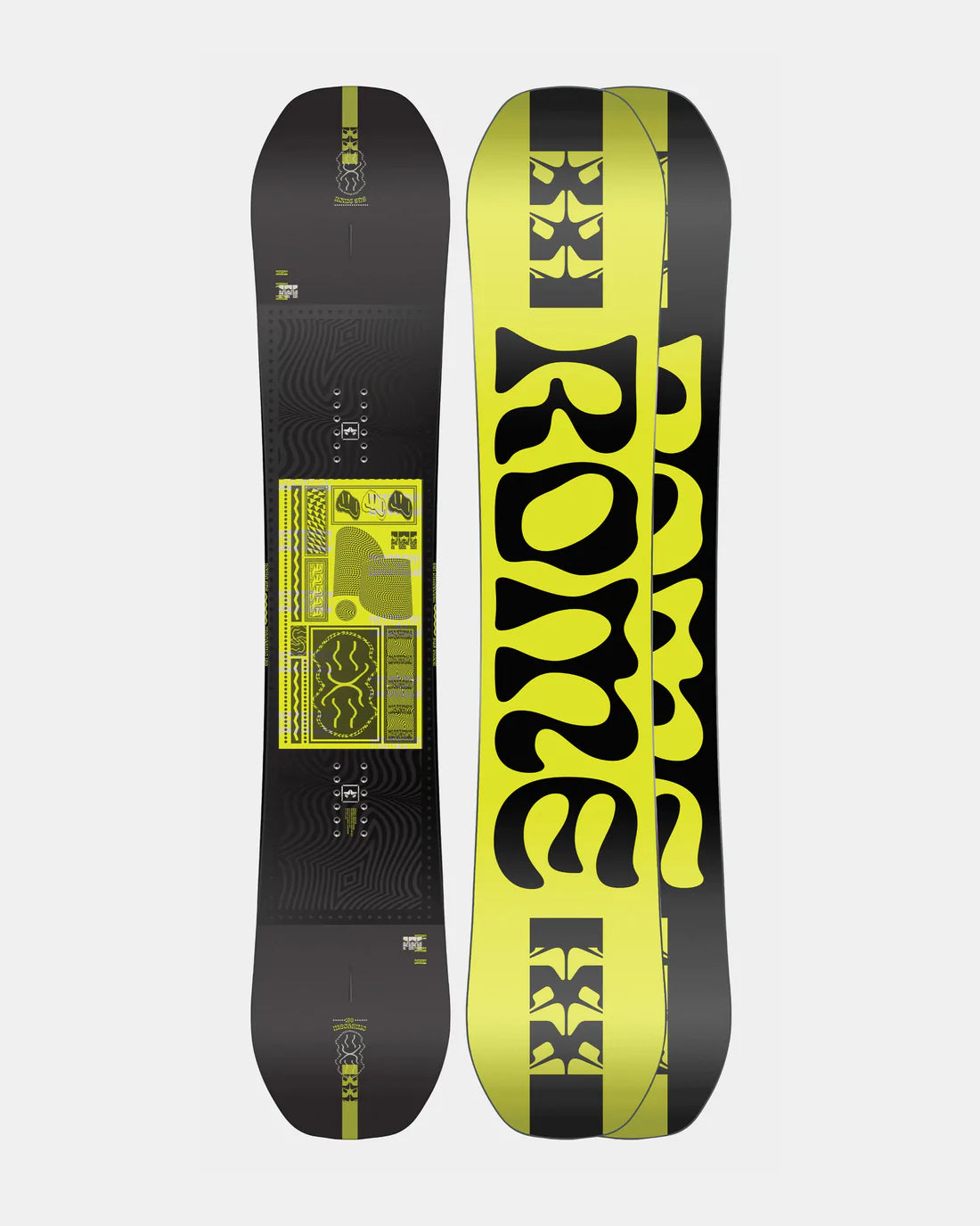 Rome Mechanic Snowboard. Black with yellow design, Rome Logo on the bottom