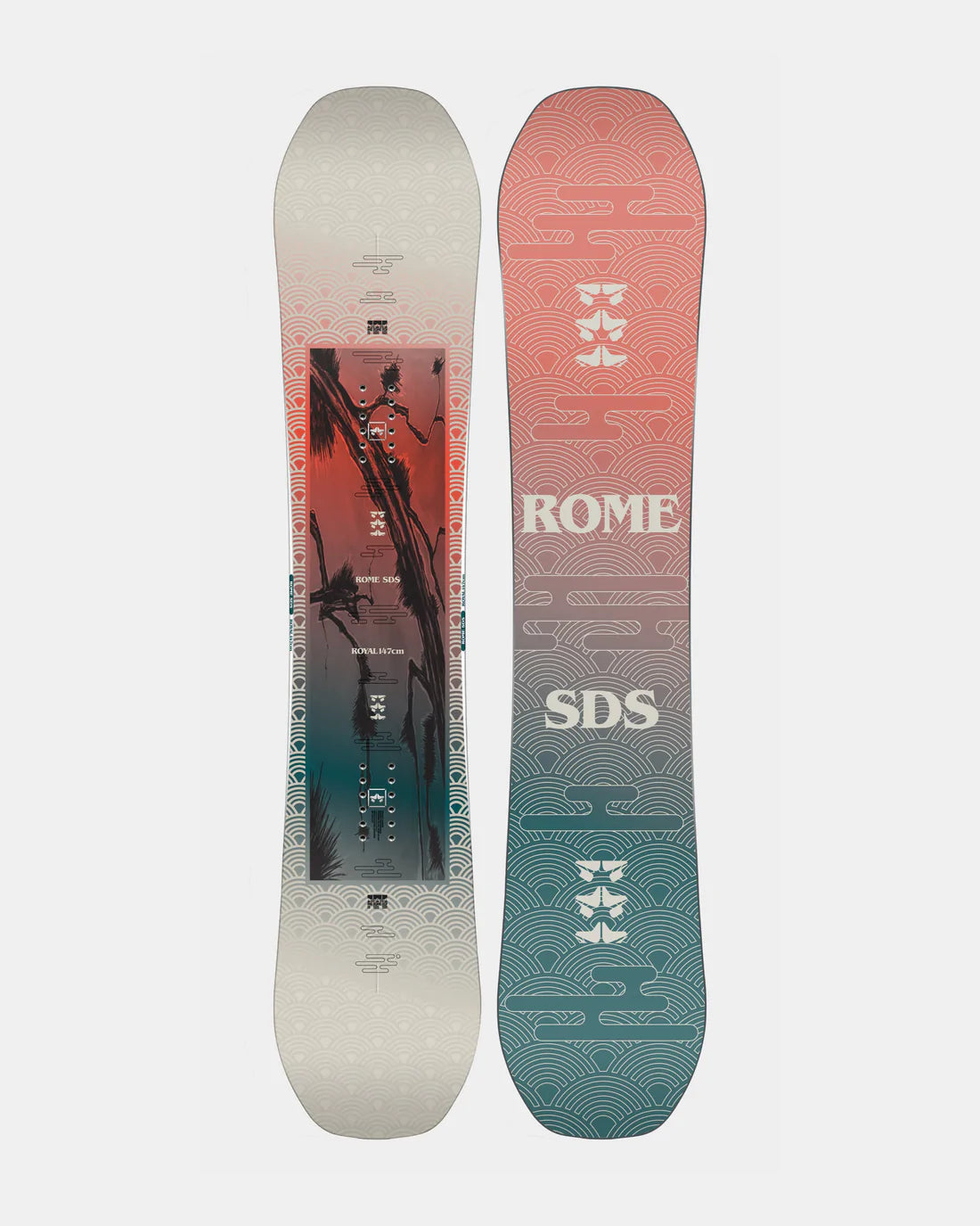 Rome Women's Royal 2023 Snowboard with pink, teal and cream color and scale pattern