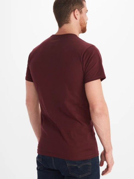 Back image of a Royal Red Men's T-Shirt, Sustainable dye with mountain image in front