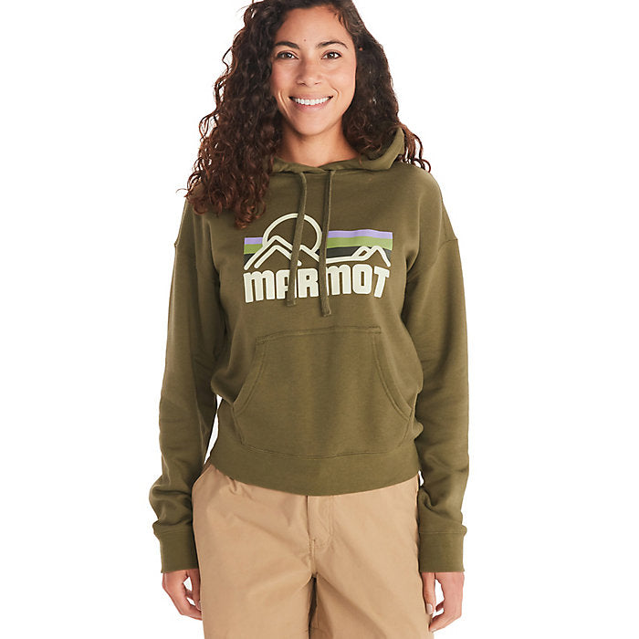 Forest Green coast  to mountain image on front of hoodie. Women's fit 