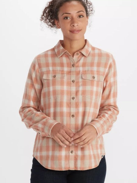 Rose and cream colored lightweight flannel. Women's fit and double- breasted button pockets. 