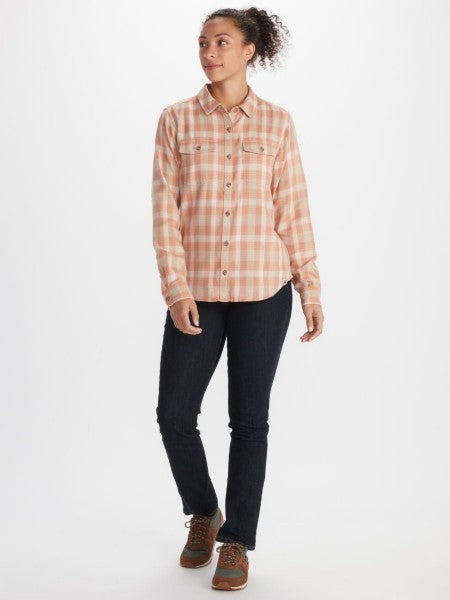 Rose and cream colored lightweight flannel. Women's fit, with flare outfit view. Double brushed flannel