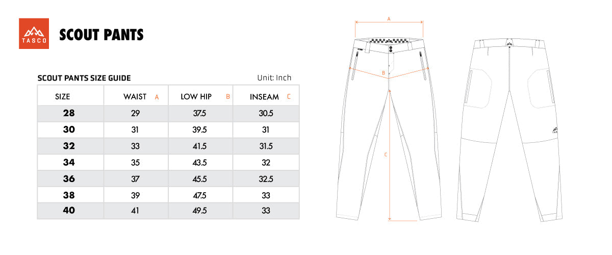 TASCO MTB- Scout MTB Trail Pants. Size Chart
