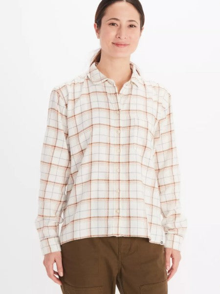 Full button, Creme, pink and tan flannel in the boyfriend style cut. lightweight flannel for women