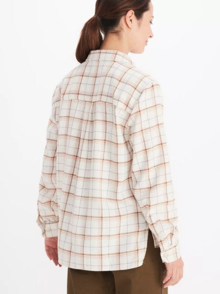Full button, Creme, pink and tan flannel in the boyfriend style cut. lightweight flannel for women