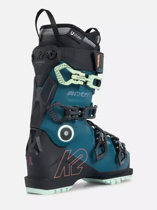 K2 Anthem 105 MV Women's Ski Boots- 2023 Deep Teal boot with black buckles