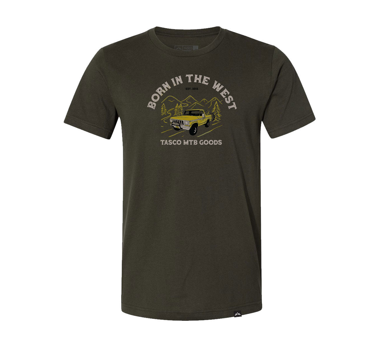 TASCO MTB- Out West T Shirt Green with Yellow Vintage truck. Hand drawn