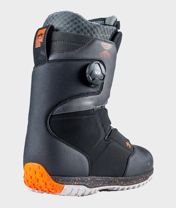 Black Rome Snowboard boot with front and exterior side BOA, sback angled view